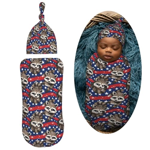 Image of Funny Raccoons with American Flag Newborn Swaddle Blankets Hat Sets Soft Baby Receiving Blanket Swaddle Sack for Baby Shower Infant Boy Girl Gift
