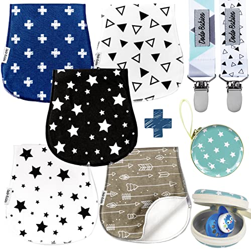 Image of Dodo Babies 5-Pack Baby Burp Cloths - Soft, Absorbent Cotton Burp Cloths - Includes Pacifier Case and 2 Pacifier Clips - Colors: Blue, White and Teal - Newborn Essentials Must Haves