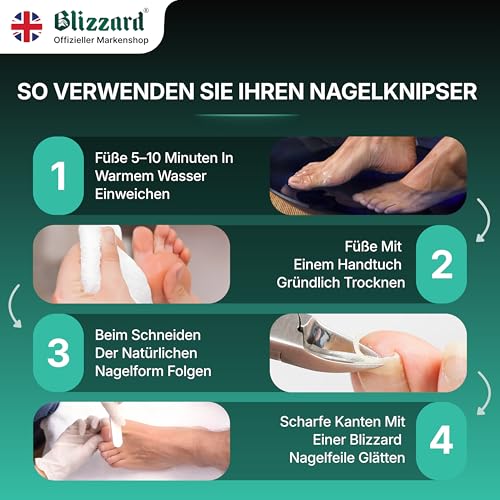 Blizzard Nagelzange für Fußnägel – Extra starke Fußnagelzange für dicke, harte & eingewachsene Zehennägel – Profi Pediküre Fußpflege Werkzeug aus Edelstahl inkl. Nagelfeile – 15 cm Pufferfeder