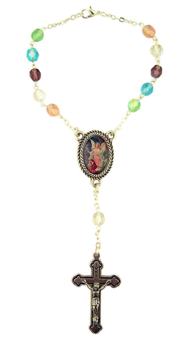 Multi Color Glass Prayer Bead with Guardian Angel Center, 5 1/2 Inch