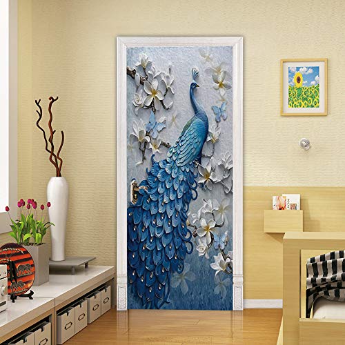 Chezmax 3D Stickers Waterproof Door Stickers Door Mural Peel Self Adhesive Wallpaper Pvc Sticker Removable Wall Decal For Home Office Decoration Blue Peacock Pattern 30.3"W 78.7"H #TOP3