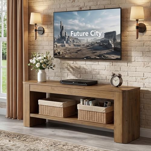 TRIBEWOOD 59" Solid Wood TV Stand for 55/65-Inch TVs, Farmhouse Entertainment Center with Open Storage Shelves, Low Media Console, Long Television Stand for Living Room, Bedroom, Brown