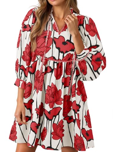 Image of Cicy Bell Womens Floral Mini Dresses 3 /4 Balloon Sleeve V Neck Flowy Babydoll Dress Summer Beach Vacation Boho Outfits