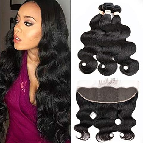 Beauhair Body Wave 3 Bundles with Frontal Human Hair Bundles with Lace Frontal (18 20 22+18, Natural Black) Brazilian Body Wave Hair Virgin Hair Ear to Ear 13x4 Frontal Natural Black Cover