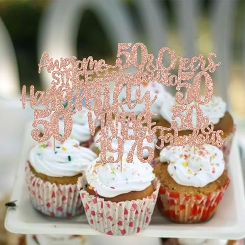 ZHUOWEISM 24 PCS Happy 50th Birthday Cupcake Toppers Glitter Fifty 50 Fabulous Vintage 1976 Cupcake Picks for Cheers to 50 Years 50th Birthday Wedding Anniversary Party Cake Decorations Rose Gold — view 5