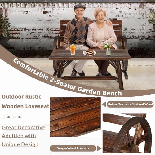 Image of 2-Piece Wooden Wagon Wheel Bench Set with Coffee Table, 2-Person Rustic Wood Garden Bench W /Wagon Wheel Armrests & Slatted Backrest, Outdoor Patio Loveseat Furniture Set for Lawn Yard Park