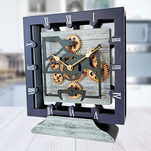 THE GEARS CLOCK Desk Clock 10 Inches with Real Moving Gear Square Convertible Into Wall Clock (Silver Grey)