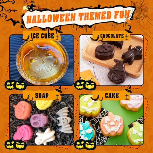 Image of Halloween Silicone Molds Set 19 Shapes Large Baking Molds Pack of 4 Including Pumpkin Skull Ghost Bat Hat Spider Web House Molds, 3D Spooky Homemade Soap Candle Ice Pan Muffin Cupcake Moulds Oven Safe