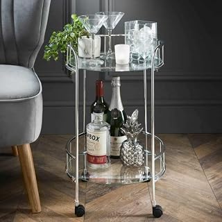 Tok Mark Traders - 2 Tier Round Drinks Trolley Clear Glass Shelves Base with Wheels Mini Bar Home Indoor Outdoor Garden Perfect for Serving Drinks, Silver, W38 x D38 x H61cm (Approx.) (3697)