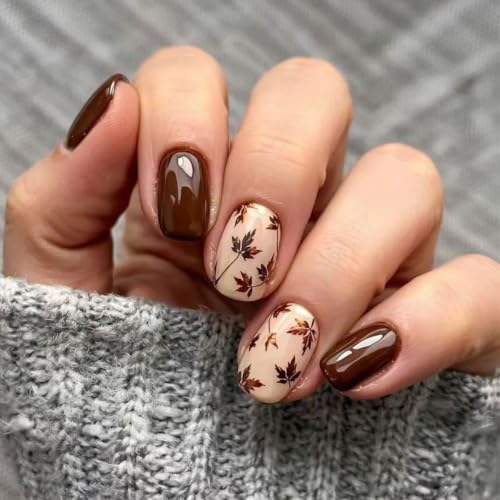 Maple Leaf Press on Nails Short Oval Fake Nails Thanksgiving Fals...