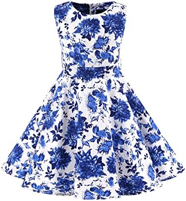 bebeone Girls 50s Vintage Polka Dot Flower Swing Prom Party Tea Dress Wedding Casual Evening Gown,Blue-White,3001-110