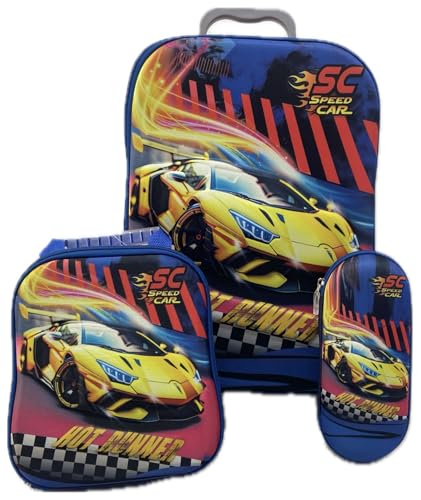 Kit De Mochila Escolar Infantil Masculina Hot Wheels 3D Com Rodinha Tripla Em Silicone Acompanha Lancheira E Estojo Resistente Impermeável