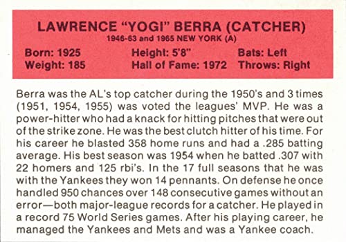 1987 Hygrade All Time Greats Yogi Berra Baseball Card
