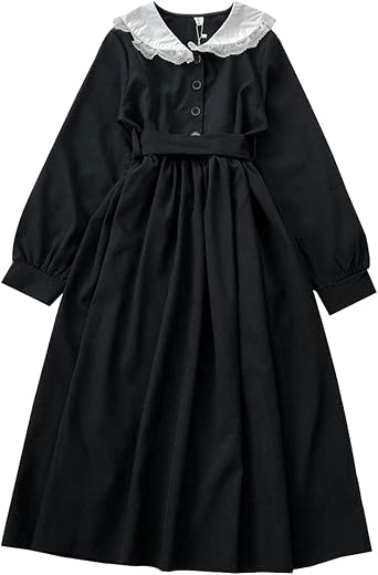Gothic Lolita Black Dress for Women Teens Cute Long Sleeve Peter Pan Collar Casual Halloween Party Dresses