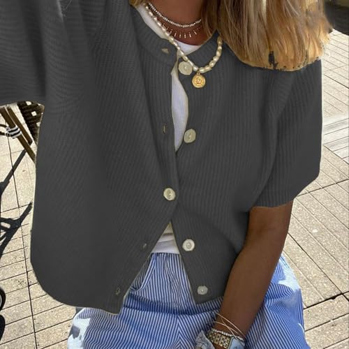 Image of Women Y2K Knit Cardigan Short Sleeve Crewneck Solid Color Button Down Tops Casual Going Out Sweater Streetwear