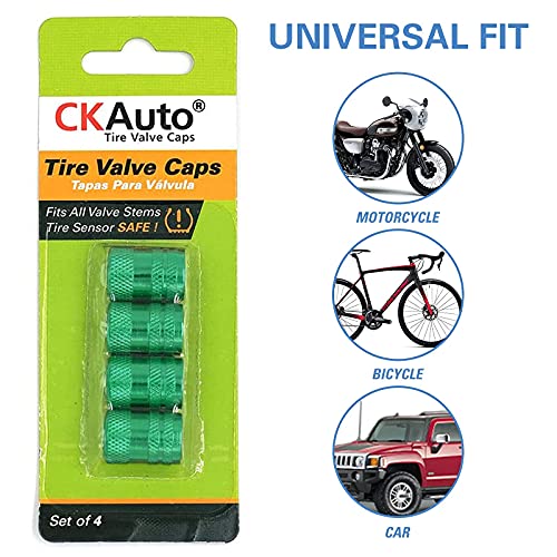Image of CKAuto Tire Valve Stem Caps, Anodized Aluminum Tire Valve Cap Set | Corrosion Resistant, Universal Stem Covers for Cars Trucks Motorcycles SUVs and Bikes (Green-N2)