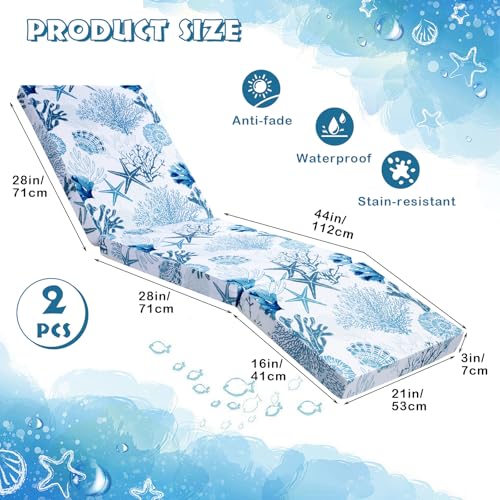 Pinkunn 2 Pcs Chaise Lounge Cushion Waterproof Outdoor Lounge Chair Cushions 21 x 72 x 3 Inch Bench Seasonal Replacement Cushions for Summer Patio Bench Pool Beach(Ocean) - Image 2