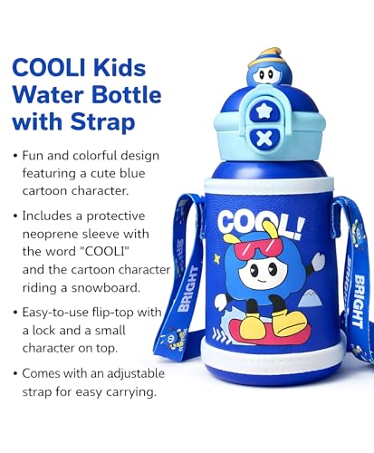 Image of Kids Stainless Steel Insulated Mug Bottle with Straw & Strap - 500ml Double Wall Vacuum Sipper Flask, Portable School Travel Water Bottle for Boys & Girls,Blue