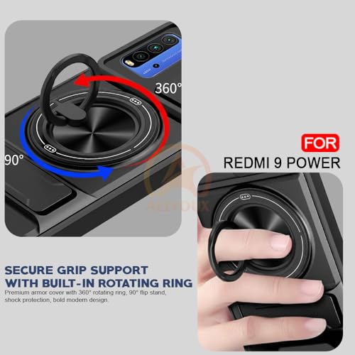 Image of Redmi 9 Power /Poco M3 Back Cover | Armor Camera Slider 360 Degree Rotating Finger Ring Holder Case with Bracket Stand Back Case Cover (Compatible with MagSafe Accessories) (Black)