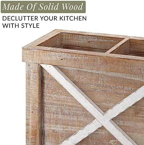 Barnyard Designs Rustic Wood Utensil Holder Caddy - Wooden Utensil Crock Storage Organizer Primitive Country Farmhouse Kitchen Decor, 24 x 17cm (White/Brown)