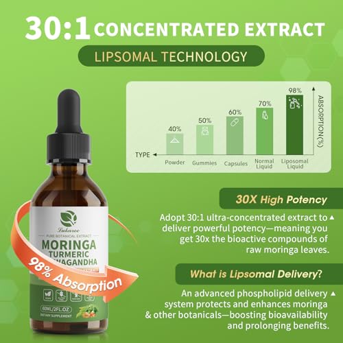 Image of 12-in-1 Organic Moringa Drops with Ashwagandha Turmeric Quercetin, Lipsomal 98% Absorption & Extract for Energy Immune Joint Digestive Metabolism, Vegan Non-GMO, More Potency Than Moringa Powder