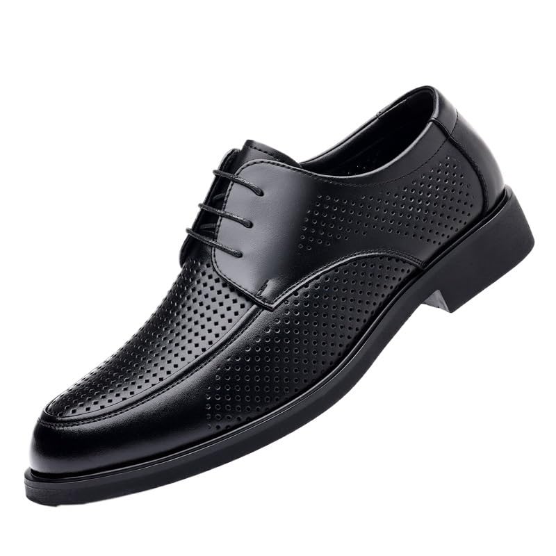 Breathable Hollow Dress Oxford for Men Lace Up Round Toe Leather Apron Toe Shoes Slip Resistant Low Top Anti-Slip Non Slip Rubber Sole Prom