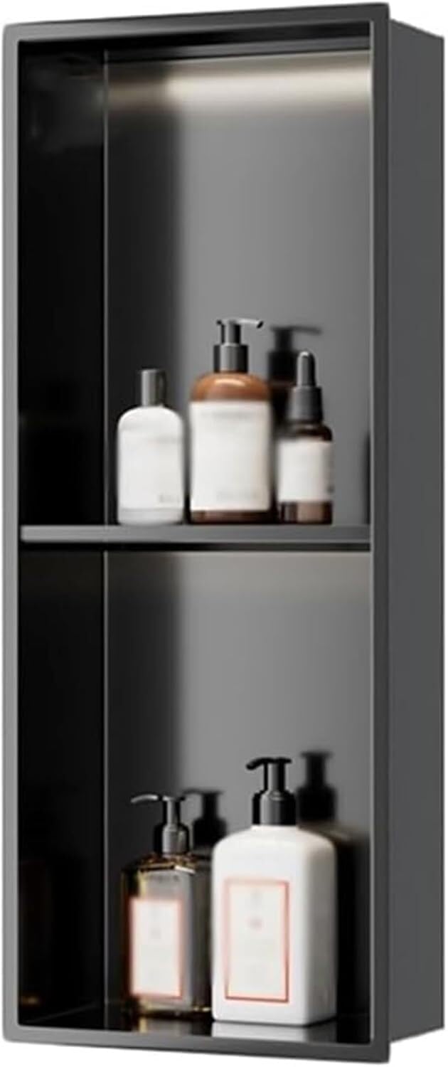 inless - Armario empotrable de acero con LED para pared moderno para baño y cocina (Schwarz, 70 x 28 x 12,5 cm)