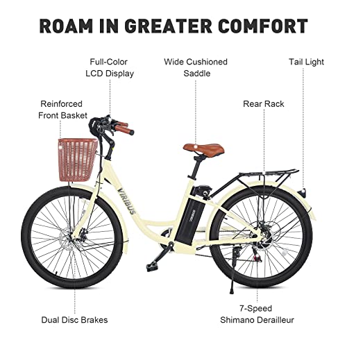 Viribus Electric Bike, 25 Mph Electric Cruiser Bike For Women With Basket, 350W Pedal Assist Ebike With Shimano 7 Speed Shifter Front Suspension For Adults, Electric Bicycle With 36V Battery, White #TOP5