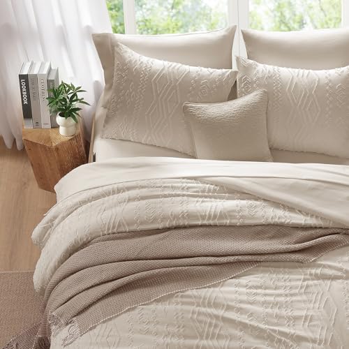 Image of AMBERSPACE Full Size Comforter Set Beige, Tufted Boho Bedding Farmhouse Bed Set, All Season 7 Pieces Bed in a Bag with Sheets, Pillowcases & Shams