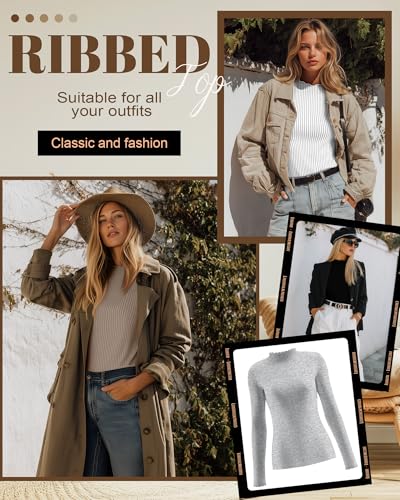 Neer 4 Pack Women's Mock Turtleneck Tops Cotton Long Sleeve Ribbed Lettuce Trim Shirts Slim Fit Casual Fall Basic Tees2