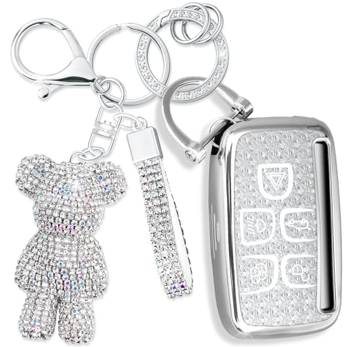 Rayslesan Cute Key Fob Cover with Rhinestone Bear Charm, Bling TPU Smart Key Case for Women, Compatible with Dodge Land Rover LR2 LR4 Range Rover Discovery Jaguar XJ XF XK (5-Button, Silver) by Rayslesan - Used condition - US$16.14