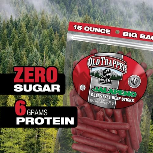 Image of Old Trapper Deli-Style Beef Sticks, Jalapeno Flavor, 15-Ounce Package, Spicy Beef Sticks, 6gms of Protein and Zero Grams of Sugar per Serving (Pack of 2)