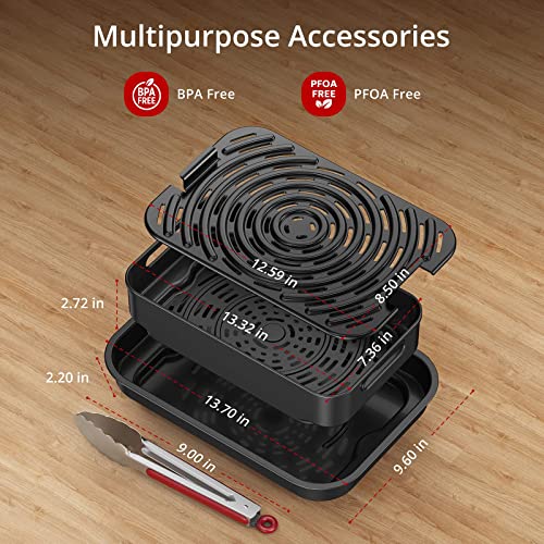 7-in-1 Indoor Grill Air Fryer Combo with Viewing Window, 1750W Low-Smoke Electric Contact Grill up to 450°F, Non-Stick Removable Plates, Even Heat, w/Silicone Tongs, 4Qt