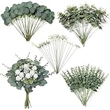 65 Pcs 7 Kinds Mixed Artificial Eucalyptus Stems and Faux Flowers,Fake Silver Dollar Eucalyptus Leaves Stems Bulk Real Touch Leaf Branches for DIY Bouquets Floral Arrangement Wedding Home Decor