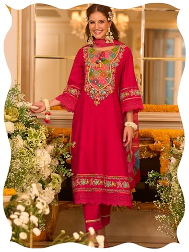 Image of INDO ERA Women's Silk Blend Floral Embroidered A-Line Kurta & Pant with Dupatta Set (IEOUT12374)