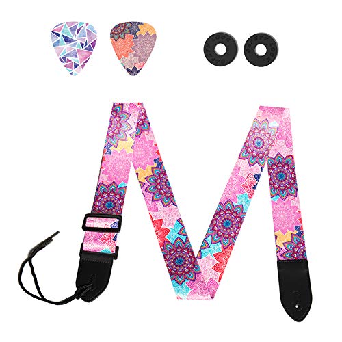 QIELIZI Guitar Strap, Guitar Strap with Leather End Length Adjustable 2 Pick Holders & 2 Matching Picks For Electric Guitar, Acoustic Guitar and Bass - Unique Gift For Guitarist(Colorful Flower)