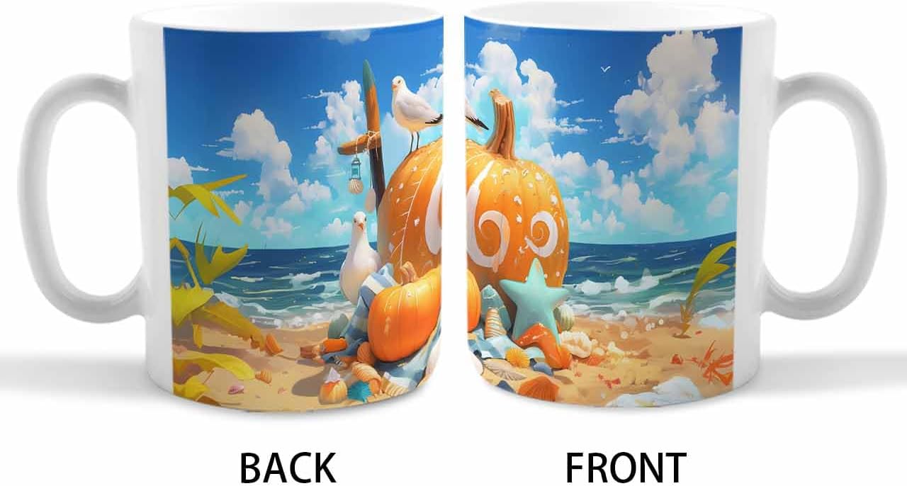 BEMIGO Ceramic Coffee Mug Ocean Beach Pumpkin Ceramic Mug White Cup, Summer Fall Insulated Coffee Cup with Handle with Pattern Perfect for Tea and Hot Beverages, 12oz