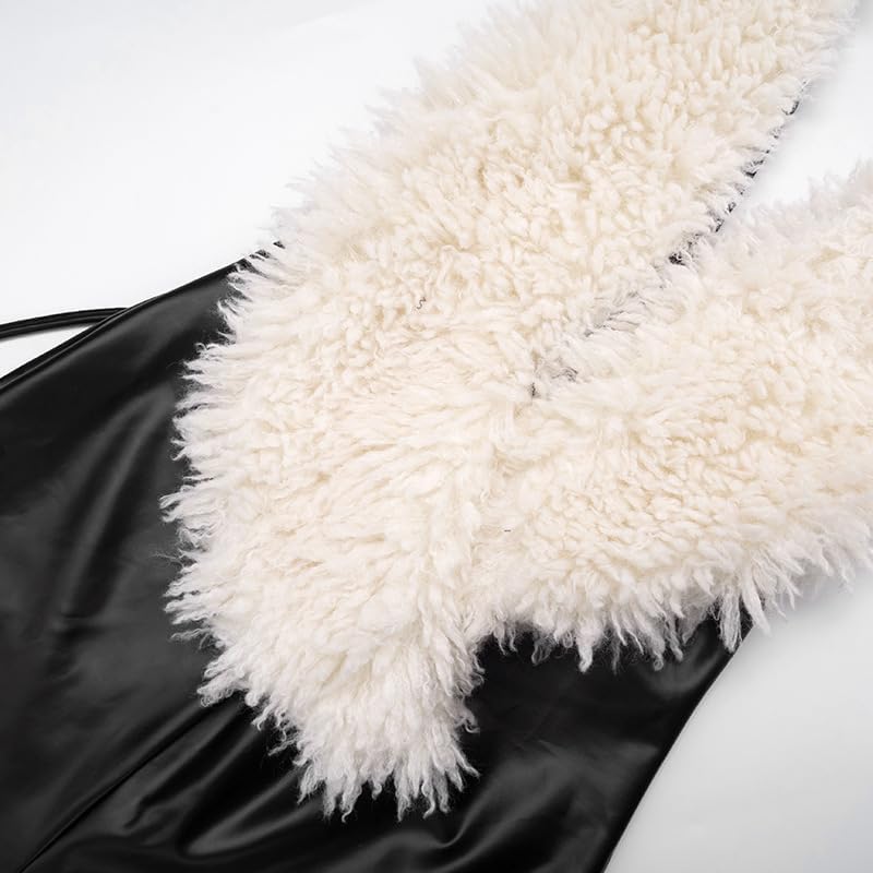 VOIKERDR Womens Jumpsuit Halter Leather Jumpsuit Sexy Fur Neck Sleeveless Bodycon Club Outfits - Image 4