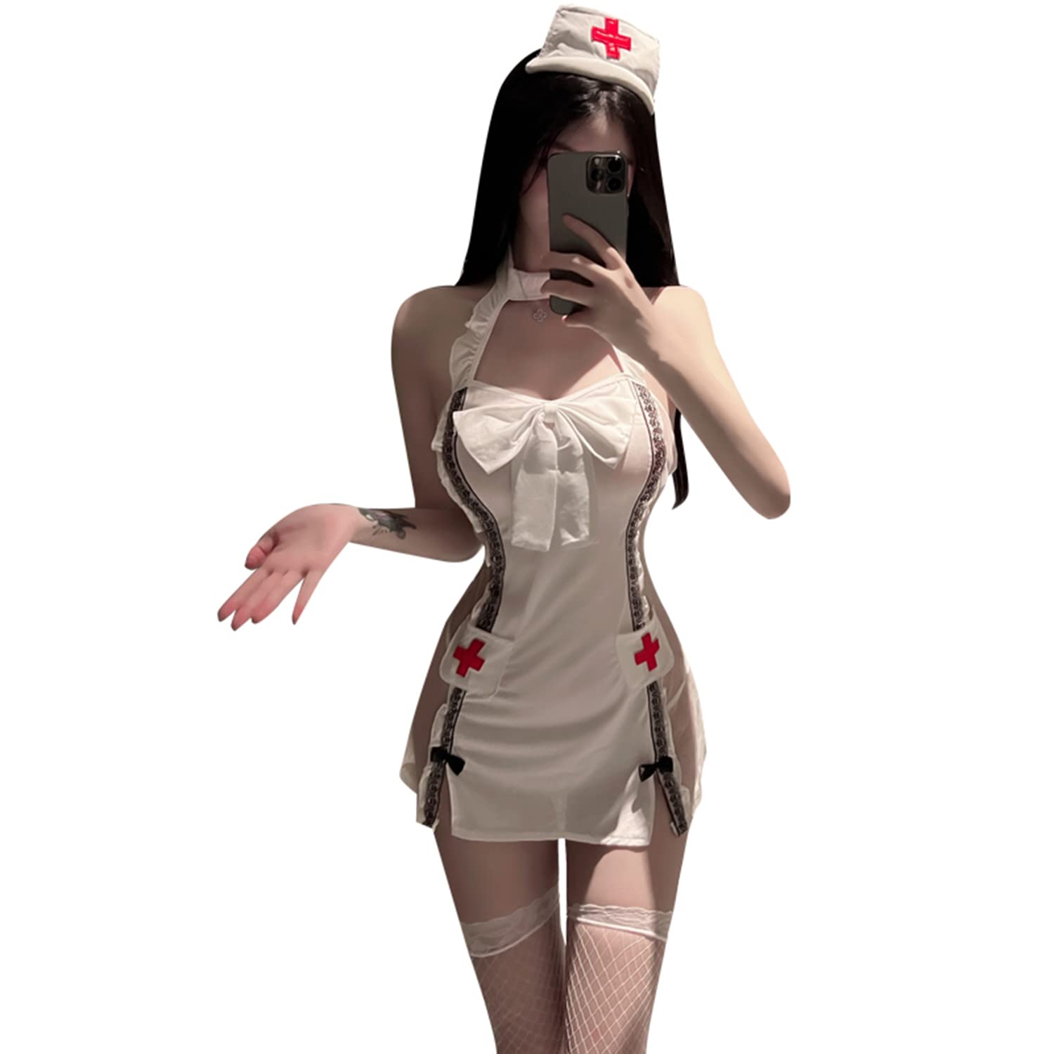 LureZone Disfraz sexy de enfermera para mujer, disfraz de enfermera traviesa, lencería para cosplay, babydoll, juego de rol, body con tocado