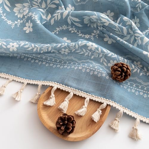 Image of MYSKY HOME Dusty Blue Boho Curtains 90 Inch Length Linen Blend for Bedroom | Light Filtering Farmhouse Bohemian Curtains for Living Room Semi Sheer Drapes with Beige Tassels Back Tab, 50 inch Wide, 2 Panels