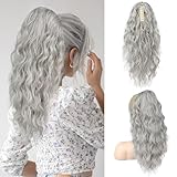 SEIKEA 18' Ponytail Extension Claw, PT002 Tia Long Multi Layered Hair Fluffy Thick Wavy Curly Clip in Hair Extensions Ponytail Natural Soft Synthetic Hairpiece for Women Silver Mist Grey
