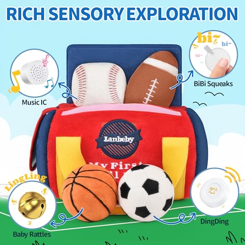 Baby Boy Toys 6-12 Months – My First Sports Bag Musical Infant Toys | 4 Sensory Balls – Basketball, Football, Baseball, Soccer – Rattle, Squeaker, Mirror for 0-3-6-9-12 Month Old Baby Boy Gifts - image 2