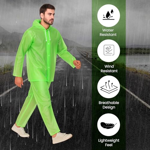 Image of Pivalo EVA Rainsuit Set 75 GSM with Adjustable Hood Full Sleeves Lightweight Raincoat with Pants waterproof Reusable Outdoor Travel Rainwear for Bike Riders Men (Pack of 1, Neon Green)