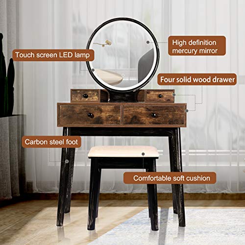 TWING Vanity Table Set,Vanity Set Makeup Dressing Table Dimming Mirror Vanity Desk with 4 Drawers,Brown