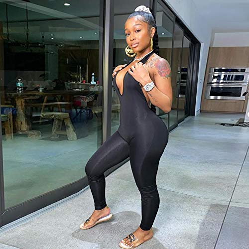 LuFeng Women\'s Sexy Bodycon Halter Deep V Neck Backless Party Long Jumpsuits Romper Black - Thumbnail 2