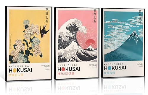 Katsushika Hokusai - Juego de 3 pósteres japoneses en lienzo para pared, decoración de Apanés, pinturas coloridas Kanagawa la gran ola, imágenes Wabi Sabi, decoración minimalista vintage para sala de