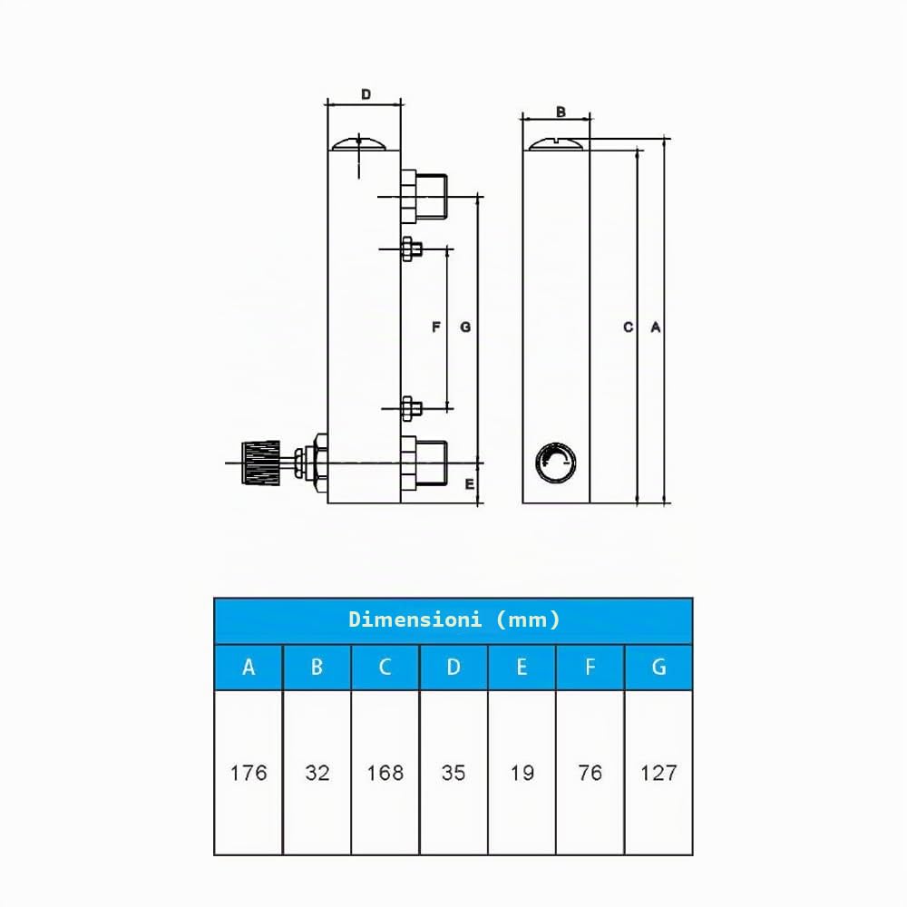 Flussometro liquido, LZM-15T a pannello regolabile con valvola di controllo, 10-100 L/H (filettatura esterna da 1/2", filettatura interna da 1/4")
