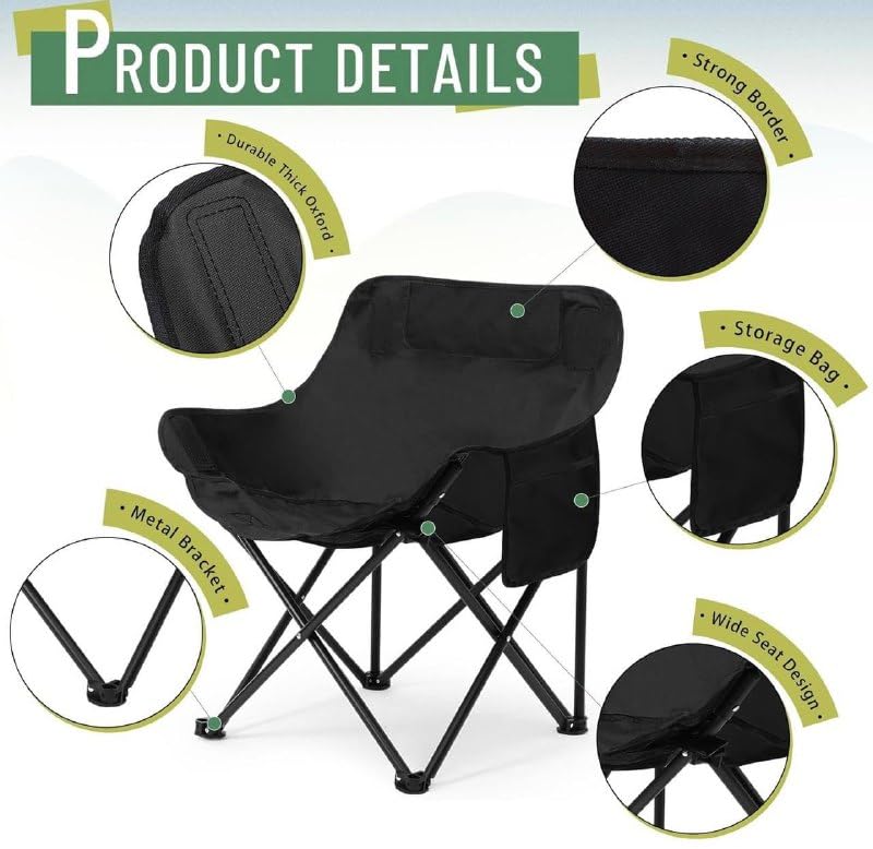 Image of Lightweight Foldable Camping Chairs with Armrest & Storage Bag for Camping, Picnic, Garden, Beach & Travel Use (Black)