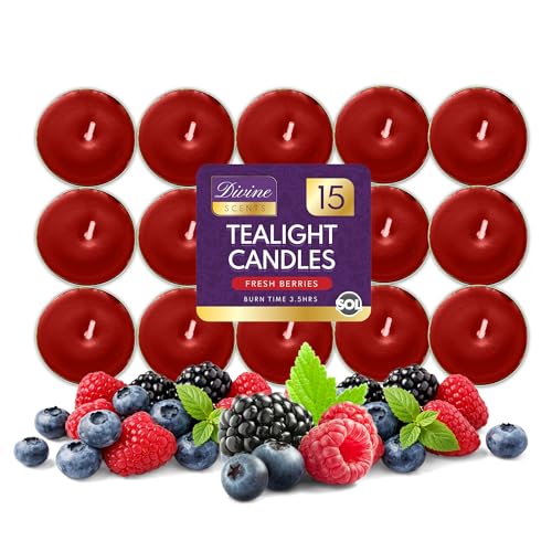 Paquete de 15 velas de té perfumadas de bayas frescas, velas de té de larga duración, velas de té rojas perfumadas para decoración del hogar, velas de té rojas de larga duración, velas de té