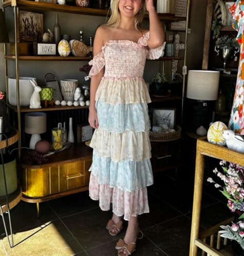Image of Y2k Patchwork Floral Maxi Dress Boho Flowy Ruffle Tiered Summer Dress Cute Beach Smocked Long Sundresses for Women